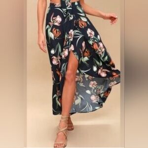 Lulus "Magdalena" Navy Blue Floral Print Faux Wrap Maxi Skirt. Size XS.